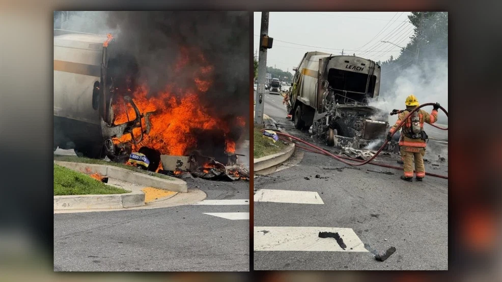 Engine fire destroys empty trash truck in Maryland